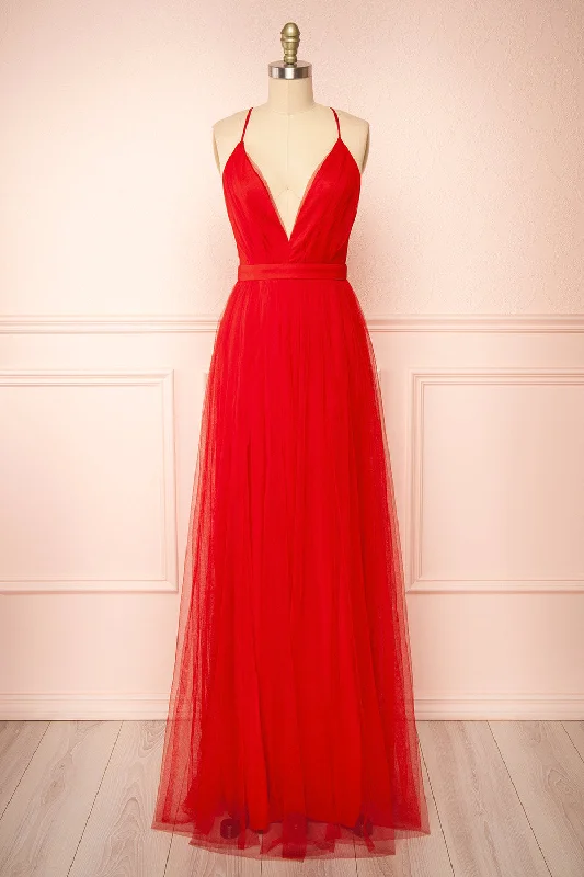 women's formal dressesIlaria Red | Tulle Gown w/ Plunging Neckline