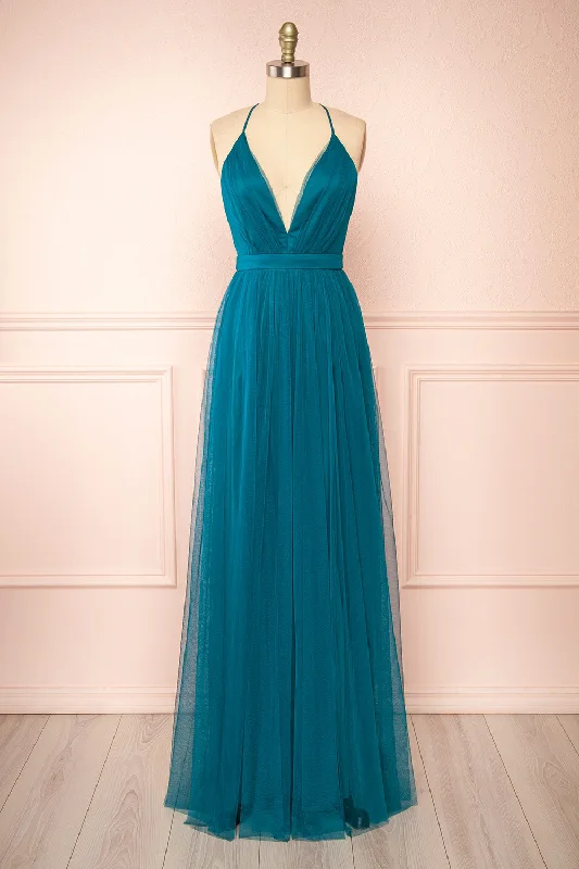 women's mini dressesIlaria Teal | Tulle Gown with Plunging Neckline