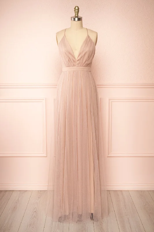 women's hourglass figure dressesIlaria Taupe | Tulle Gown with Plunging Neckline