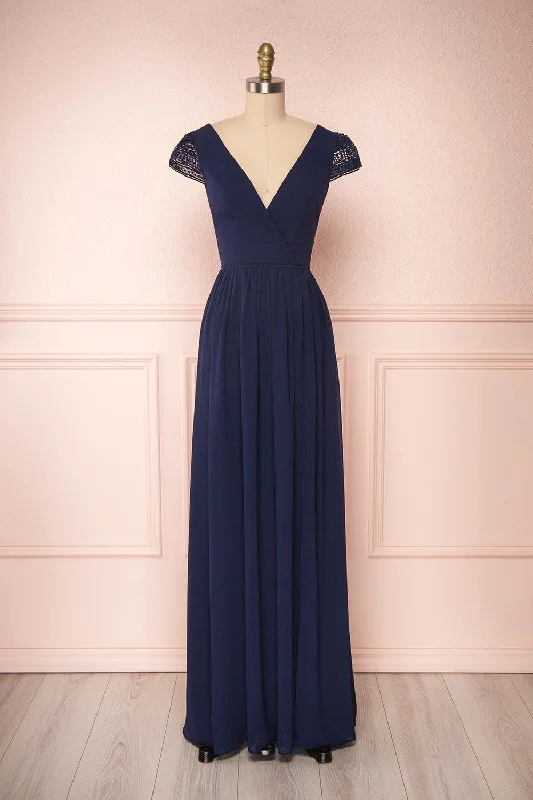 women's pear-shaped body dressesSenji Navy | Backless Chiffon & Lace Gown